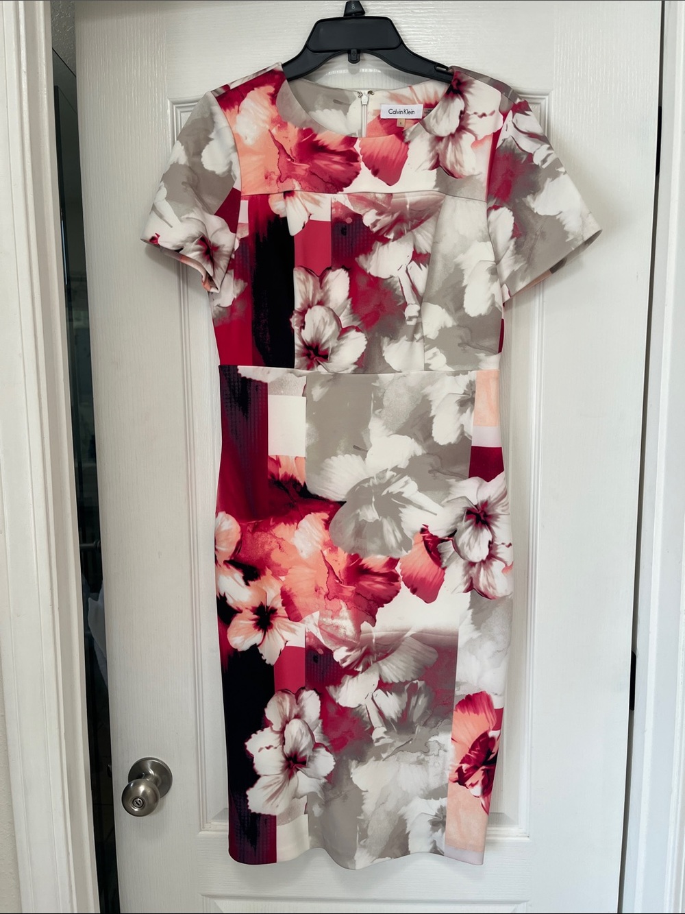 Calvin Klein Floral Midi Sheath Dress in Pink, Gray and Cream, 8